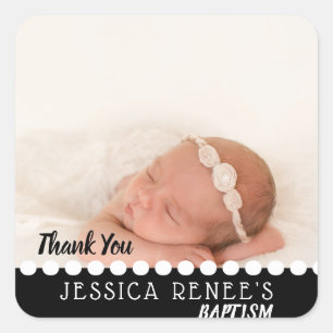 Photo Baby Baptism Thank You Favour   Black White Square Sticker
