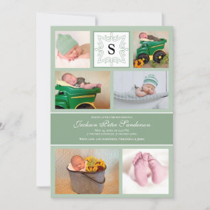 Photo Baby Boy Green Birth Announcement Monogram