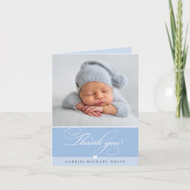 PHOTO BABY elegant fancy calligraphy boy blue Thank You Card (Front)