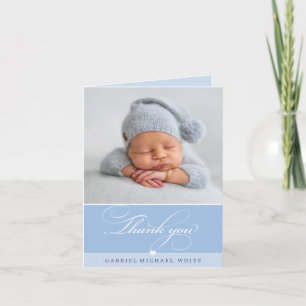 PHOTO BABY elegant fancy calligraphy boy blue Thank You Card