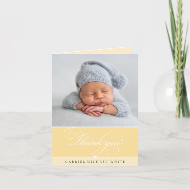 PHOTO BABY elegant fancy calligraphy yellow Thank You Card (Front)