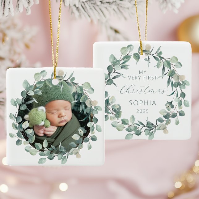 Photo Baby First Christmas Eucalyptus Wreath Ceramic Ornament (Creator Uploaded)