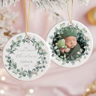 Photo Baby First Christmas Eucalyptus Wreath Ceramic Tree Decoration