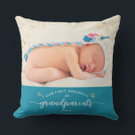 Photo Baby First Hanukkah Grandparents Star David Cushion<br><div class="desc">“Our First Hanukkah as grandparents.” A playful visual of champagne gold Stars of David and snowflakes overlaying the photo of your choice and white handwritten script typography with customised year over soft, teal blue, helps you usher in Hanukkah. On the back, additional champagne gold snowflakes and personalised handwritten typography of...</div>