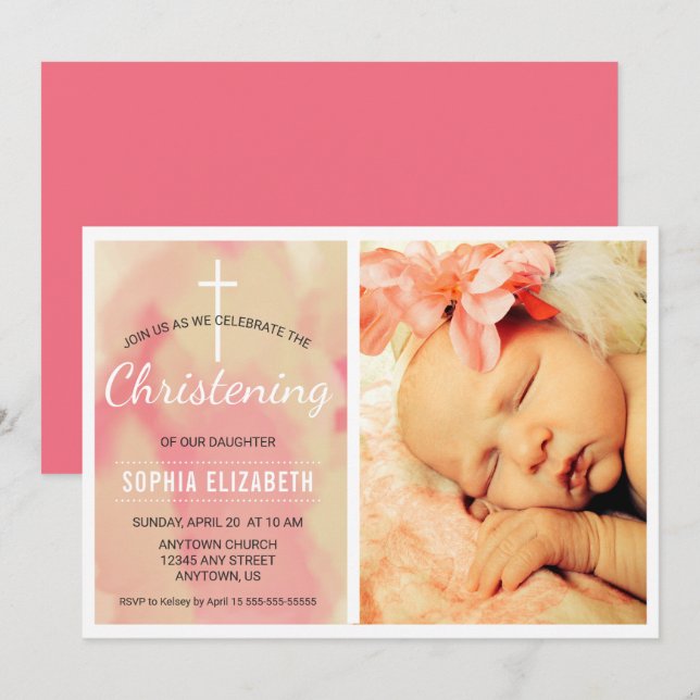 Photo Baby Girl Christening, Watercolor Pink Invitation (Front/Back)