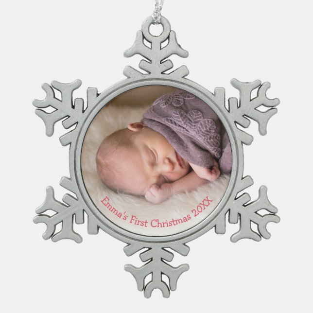 Photo Baby Girl Pink Babys First Christmas Snowflake Pewter Christmas Ornament (Front)