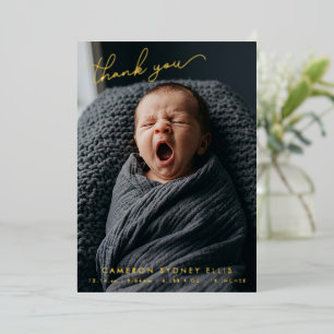 Photo Baby Thank You Birth Stats Gold Foil Card
