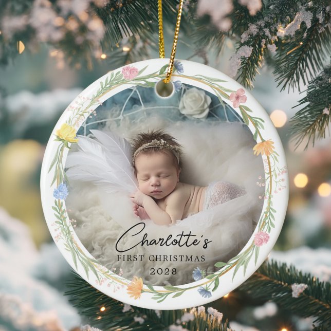 Photo Baby's First Christmas - Cute Floral Wreath Ceramic Tree Decoration (Photo Baby's First Christmas - Cute Floral Wreath Ceramic Ornament)