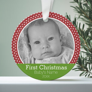 Photo Baby's First Christmas green/red polka dots Ornament