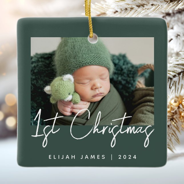 Photo Baby's First Christmas Green White Ceramic Ornament (Creator Uploaded)