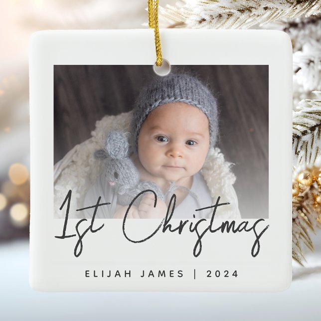 Photo Baby's First Christmas Grey Script Ceramic Ceramic Ornament (Creator Uploaded)