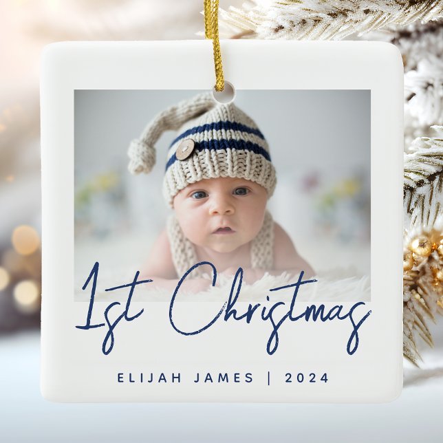 Photo Baby's First Christmas Navy Blue Script Ceramic Ornament (Creator Uploaded)