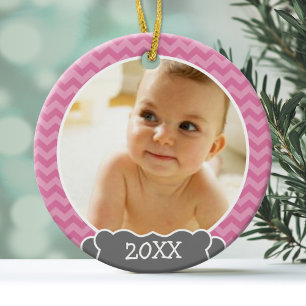Photo Babys First Christmas - pink chevrons grey Glass Tree Decoration