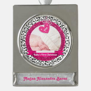 Photo Baby's First Christmas Pink Heart Damask Silver Plated Banner Ornament