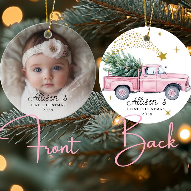 Photo Baby's First Christmas - Pink Truck Ceramic Tree Decoration (Photo Baby's First Christmas - Pink Truck with Christmas tree & Stars Ceramic Ornament)