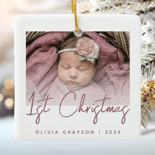 Photo Baby's First Christmas Rose Script Ceramic Ceramic Ornament