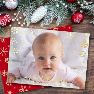 Photo Baby's First Christmas Snowflakes Real Gold Foil Holiday Card