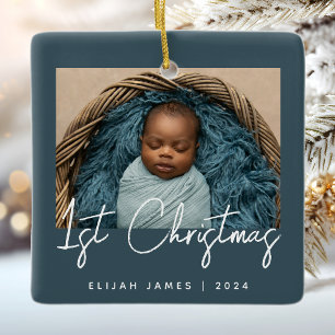 Photo Baby's First Christmas Teal Blue White Ceramic Ornament