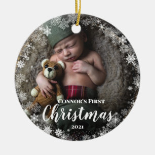 Photo Baby's Name First Christmas Snowflake Frame Ceramic Tree Decoration