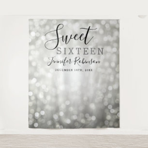 Photo Backdrop 16th Birthday Silver Glitter Lights Tapestry