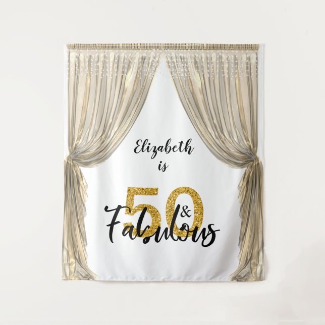 Photo Backdrop 50th Birthday Party Gold Curtain Tapestry (Front)