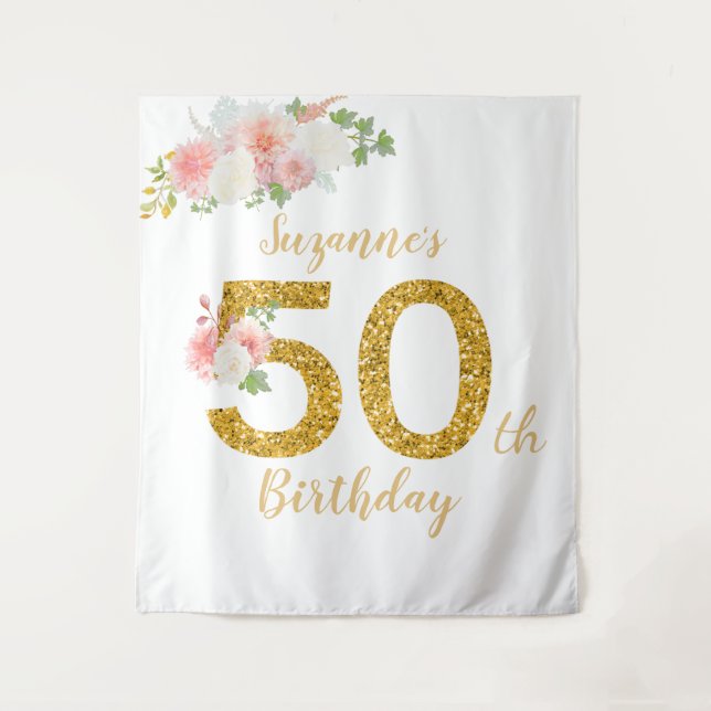 Photo Backdrop 50th Birthday Party Gold Flower Tapestry (Front)