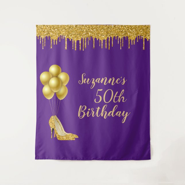 Photo Backdrop 50th Birthday Party Gold Glitter Tapestry (Front)