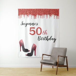 Photo Backdrop 50th Birthday Party Red Glitter Tapestry