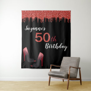 Photo Backdrop 50th Birthday Party Red Glitter Tapestry
