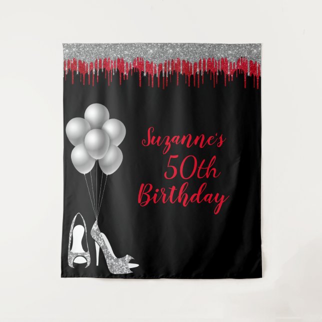 Photo Backdrop 50th Birthday Party Silver Glitter Tapestry (Front)
