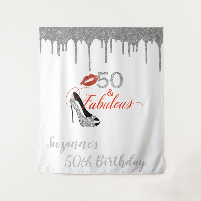 Photo Backdrop 50th Birthday Party Silver Glitter Tapestry (Front)