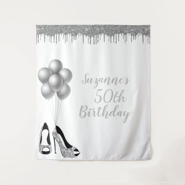 Photo Backdrop 50th Birthday Party Silver Glitter Tapestry (Front)
