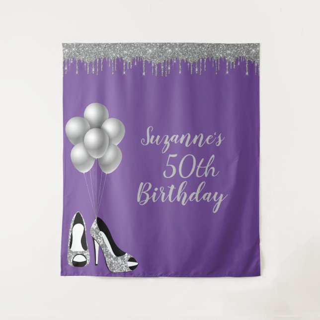 Photo Backdrop 50th Birthday Party Silver Glitter Tapestry (Front)