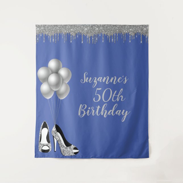Photo Backdrop 50th Birthday Party Silver Glitter Tapestry (Front)