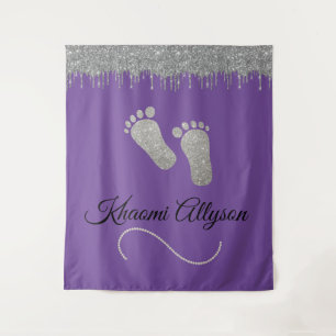 Photo Backdrop Baby Shower Feet Silver Glitter Tapestry
