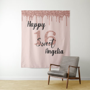 Photo Backdrop Booth Sweet 16 Sixteen Rose Gold Tapestry