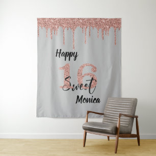 Photo Backdrop Booth Sweet 16 Sixteen Rose Gold Tapestry