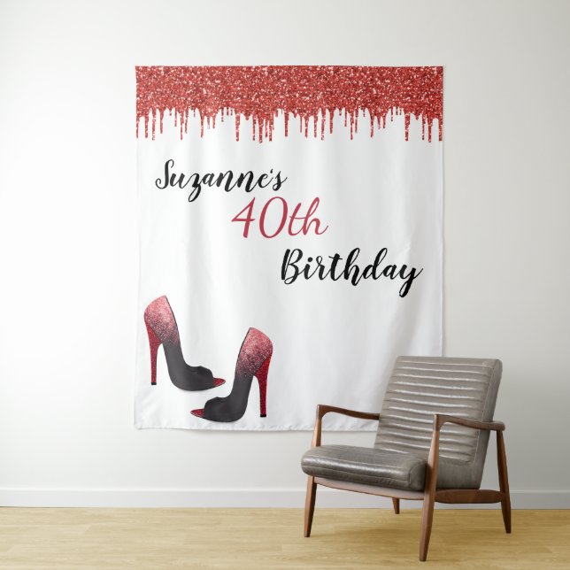 Photo Backdrop Custom Birthday Party Red Glitter Tapestry (In Situ)