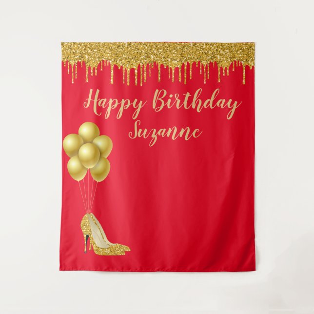 Photo Backdrop Happy Birthday Party Gold Glitter Tapestry (Front)