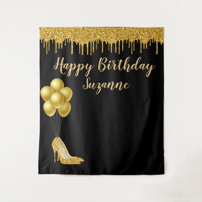 Photo Backdrop Happy Birthday Party Gold Glitter Tapestry (Front)