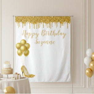 Photo Backdrop Happy Birthday Party Gold Glitter Tapestry
