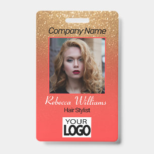 Photo Badge - Coral and Gold Glitter ID Badge