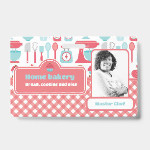 Photo Bakery Baking Utensils Pattern Red Gingham ID Badge