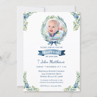 Photo Baptism Blue Cross Floral Boys Invitation