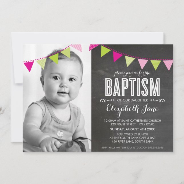 PHOTO BAPTISM bright bold bunting chalkboard Invitation (Front)