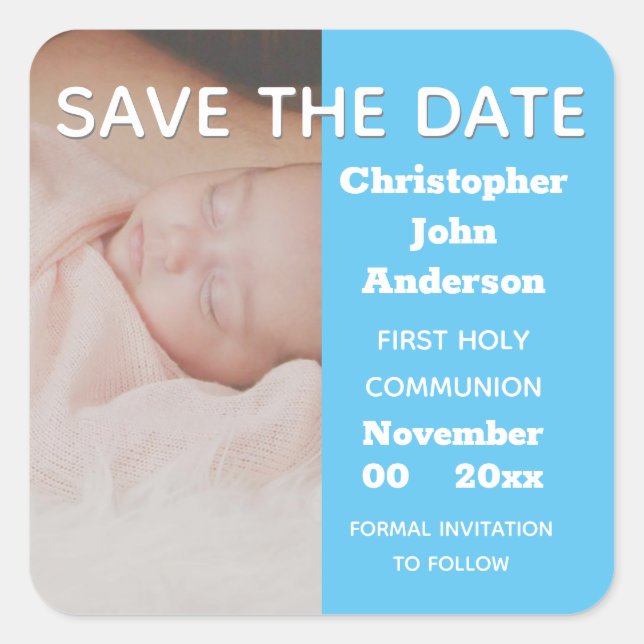 Photo Baptism Communion blue boys save the date Square Sticker (Front)