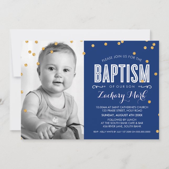 PHOTO BAPTISM cute gold glitter confetti navy blue Invitation (Front)