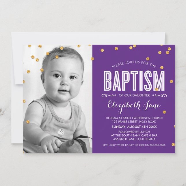 PHOTO BAPTISM cute gold glitter confetti purple Invitation (Front)