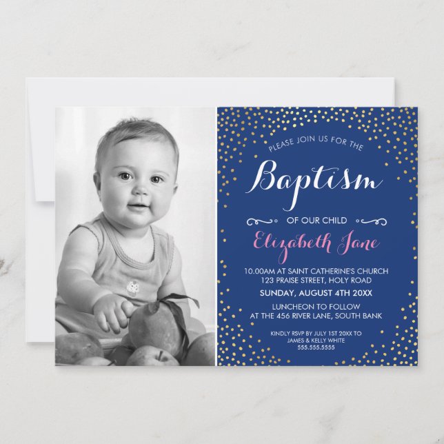 PHOTO BAPTISM cute mini gold confetti pattern navy Invitation (Front)