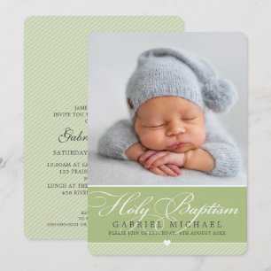 PHOTO BAPTISM elegant calligraphy sweet boy green Invitation